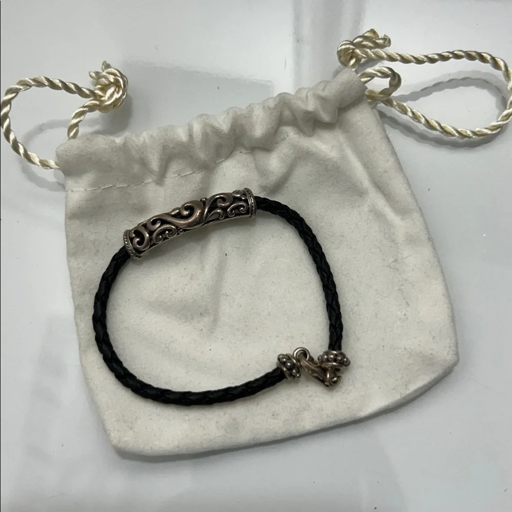 NWOT Carolyn Pollack Sterling Silver Scroll Slide On Braided Leather Bracelet